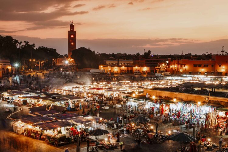 Jamaa el Fna market square, Marrakesh, Morocco, north Africa. Jemaa el-Fnaa, Djema el-Fna or Djemaa el-Fnaa is a famous square and market place in Marrakesh's medina quarter.