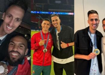 trois photos de soufiane el bakkali avec l'équipe olympique (adil tahif, bilal el khannouss, youssef Hadji)