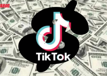 tiktok in shape of Dollar sign $ and dollar bill of 100USD in background