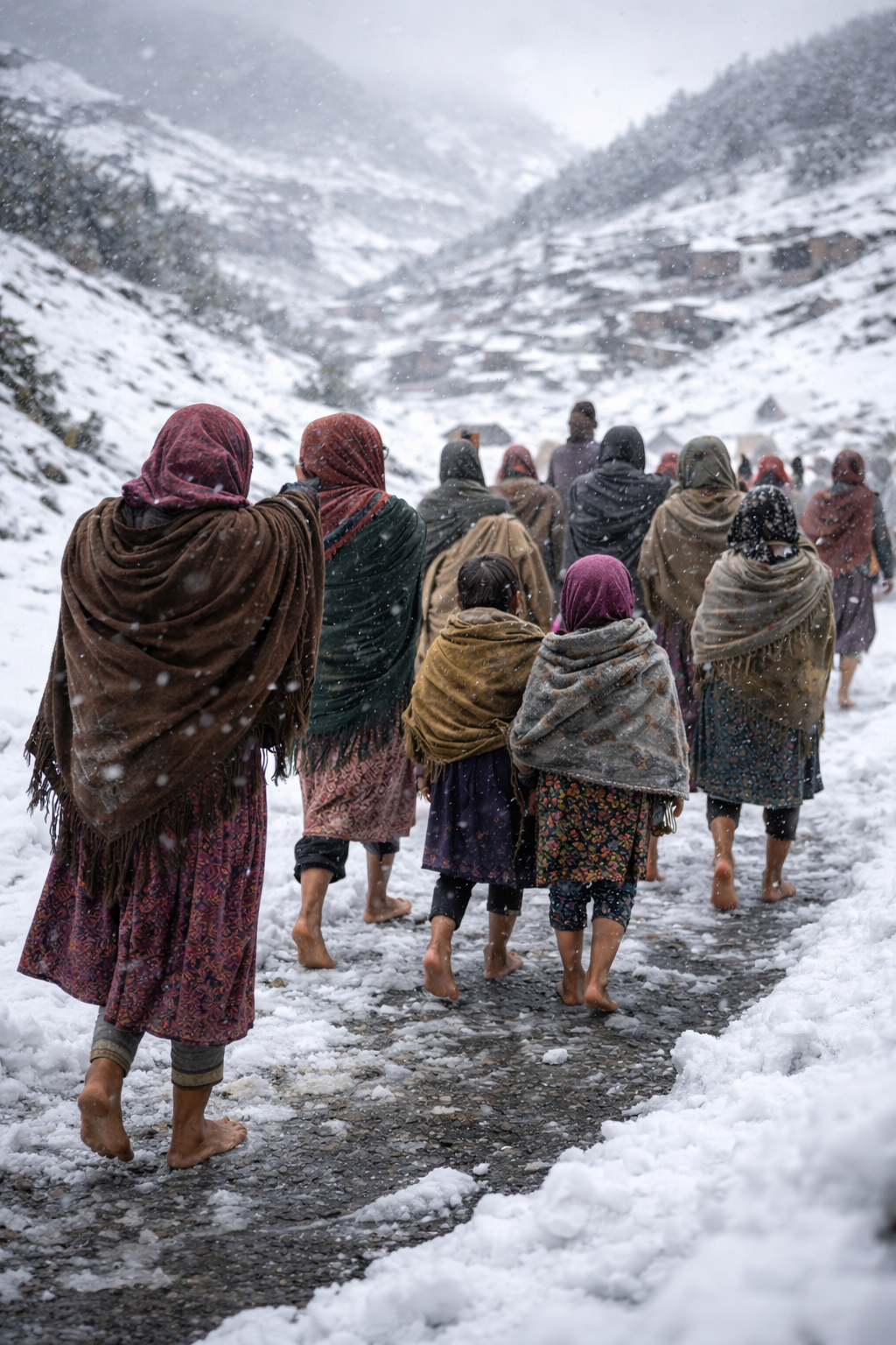 Femmes et enfants sous la neige pour manifester
