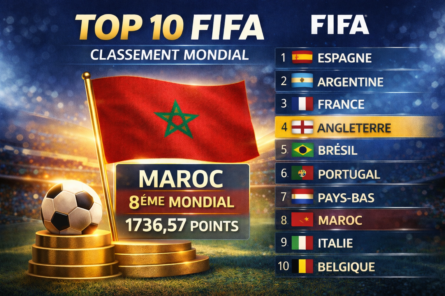 Classement FIFA : le Maroc grimpe à une historique 8e place mondiale