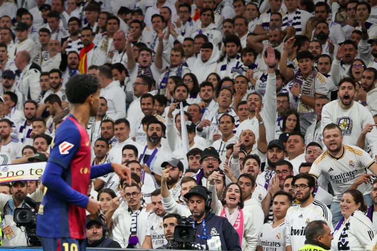 Real Madrid fans insult and make obscene gestures at FC Barcelona's forward Lamine Yamal during a league match between Real Madrid and FC Barcelona at the Santiago Bernabeu Stadium. FInal Score : Real Madrid 0 FC Barcelona 4. (Photo by David Canales / SOPA Images/Sipa USA)