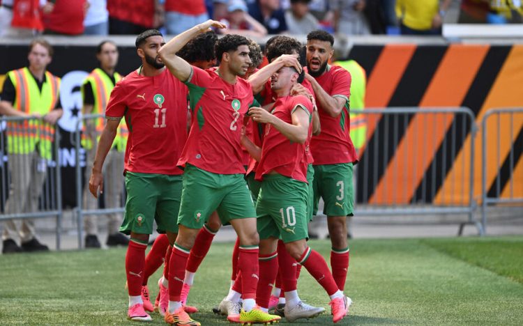 June 7, 2026, Harrison, New Jersey, USA: Morocco defender ACHRAF HAKIMI (2) and teammates celebrate the opening goal of the Road to 26 international friendly match at Sports Illustrated Stadium in Harrison New Jersey Norway draws with Morocco 1 to 1 (Credit Image: © Brooks Von Arx/ZUMA Press Wire)